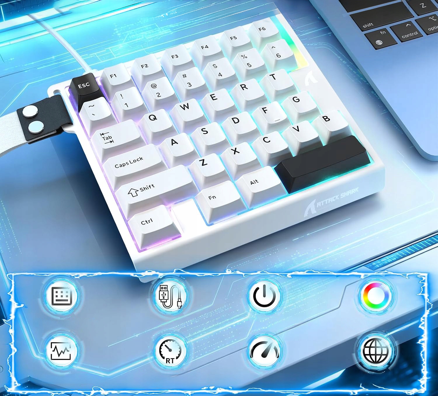 Podświetlenie RGB 16 mln kolorów z diodami South-facing w białej obudowie klawiatury.
